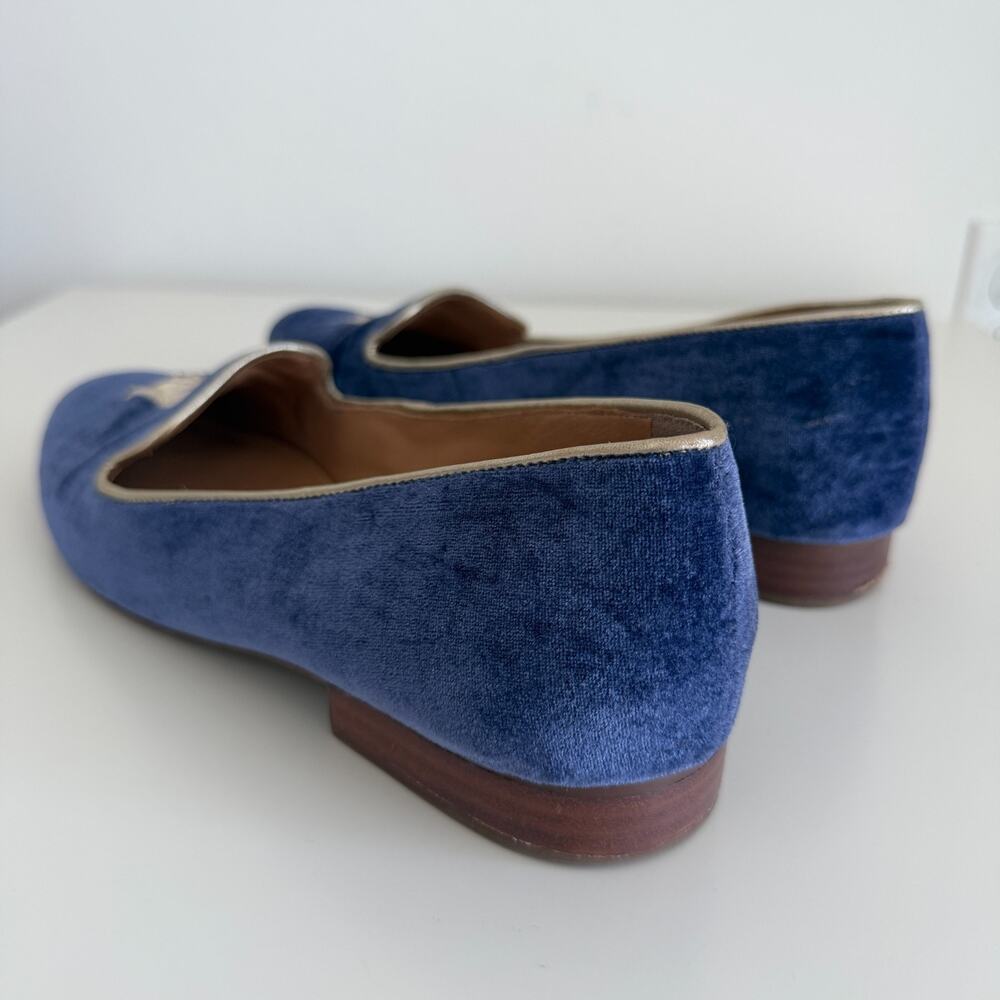 Jack Rogers Loafers Womens 9 Blue Velvet Pug Dog Embroidered Smoking Shoes Flats - Picture 8 of 11
